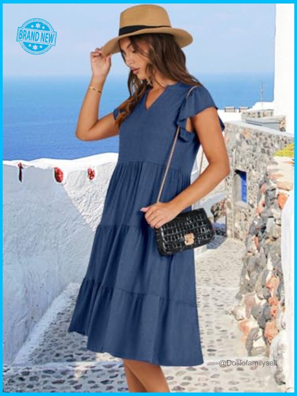 V Neck Ruffle Sleeve Tiered Midi Dress Flowy Casual Boho Beach Vacation Summer - Picture 3 of 7